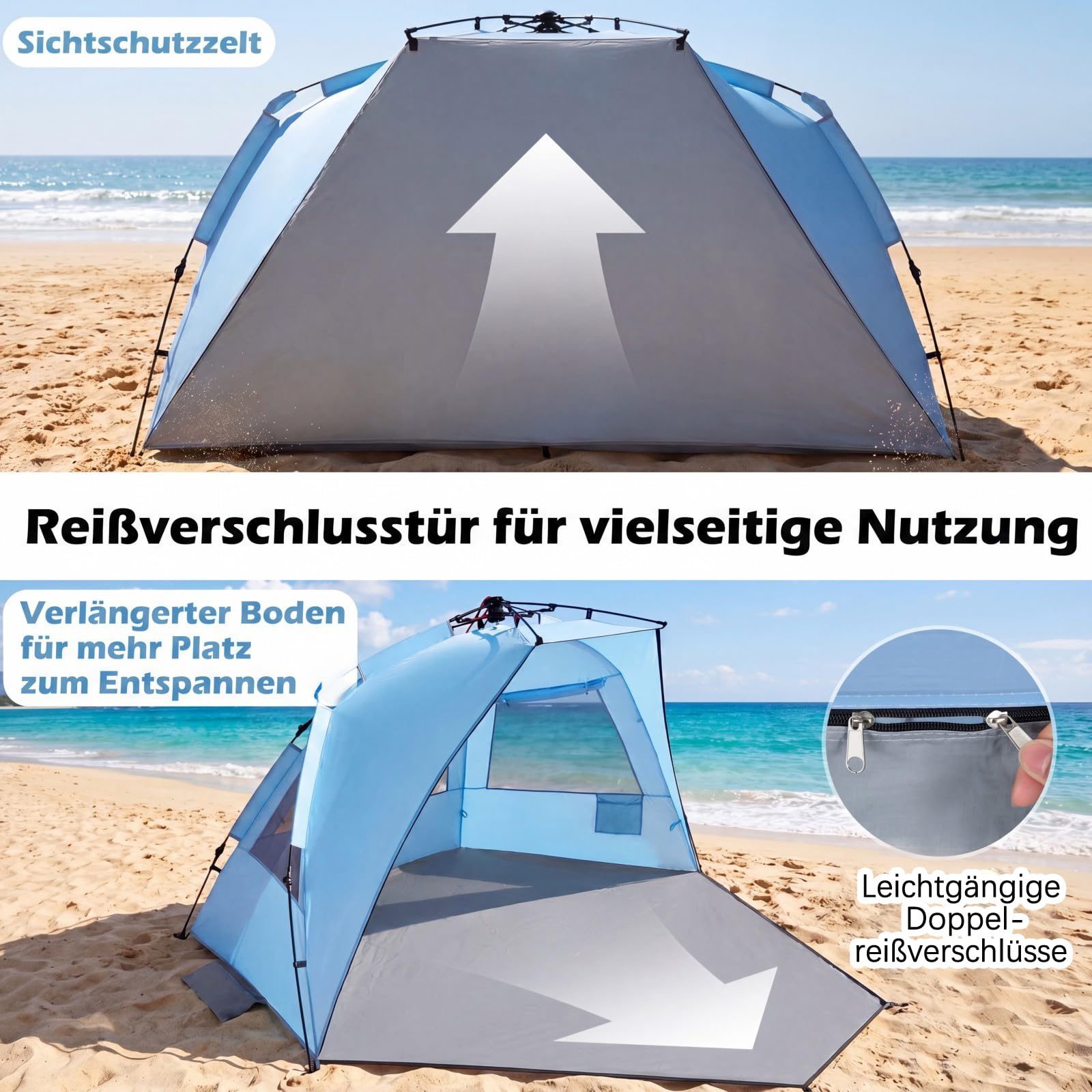 COSTWAY Namiot plażowy Pop Up dla 3-4 osób, namiot plażowy z torbą do przenoszenia, śledziami i 3 kieszeniami na piasek, ochrona przed promieniowaniem UV 50+, ochrona przed słońcem z drzwiami na zamek