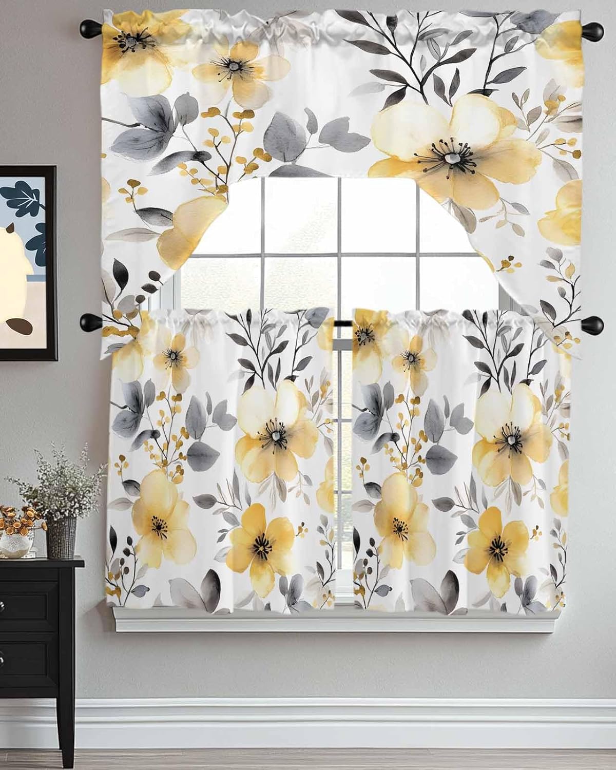 Yellow Floral Spring Kitchen Curtains Sets for Windows 3 Piece, Summer Botanical Gray Farmhouse Kitchen Curtains and Valances Tier Set 36 Inch Length Swag Curtain for Living Room Cafe Bathroom Bedroom