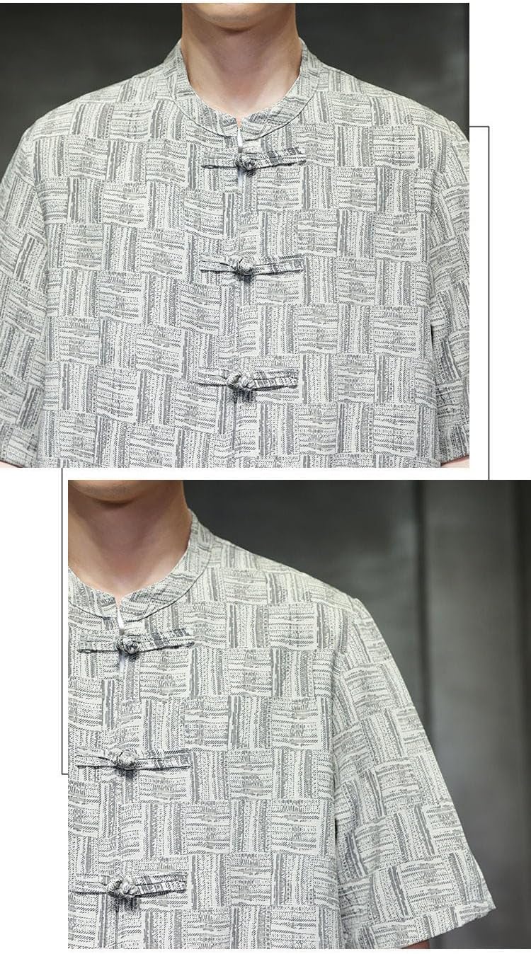 Men's Chinese Style Loose Ice Silk Lightweight Casual Tang Suit Short Sleeve Casual Pants 2 Piece