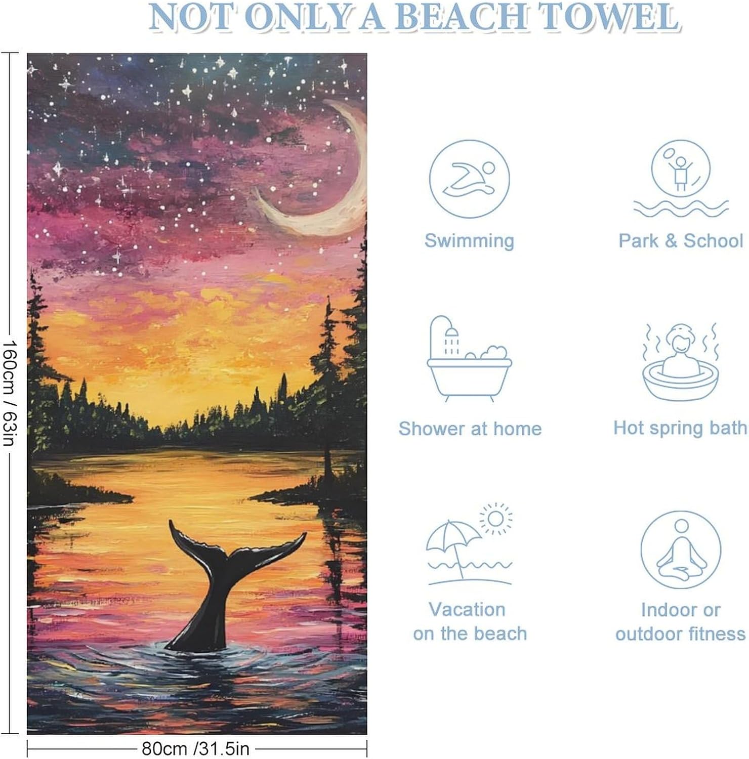 Psychedelic Whale Under The Moon Beach Towels Oversized Jumbo Large Yoga Bath Towel for Pool Yoga Swim Body 160x80cm