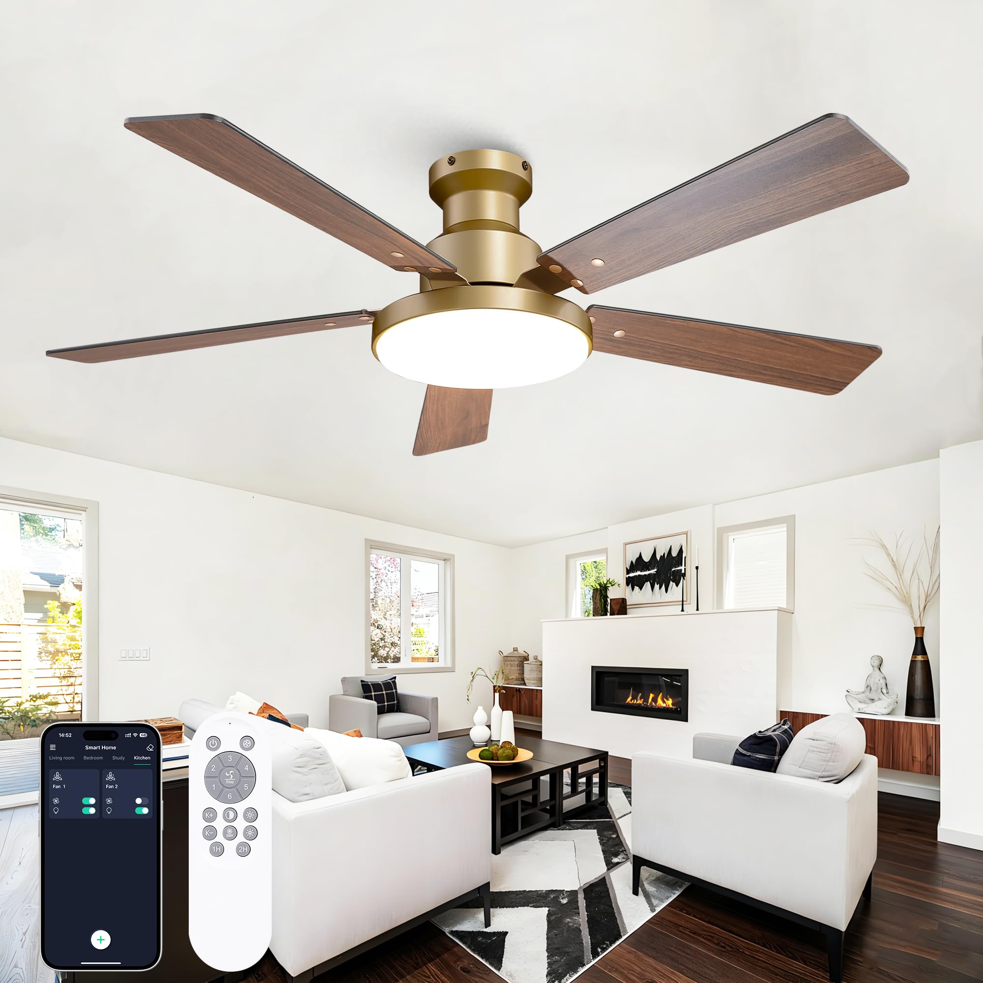 Photo 1 of ***MISSING PARTS***
Vaczon 52 Inch Low Profile Gold Ceiling Fan with Lights, Modern Black and Gold Ceiling Fans with Remote/APP for Indoor Bedroom, Flush Mount, 12.2'' Large 3CCT LED Light Panel, 6-Speed Quiet DC Motor