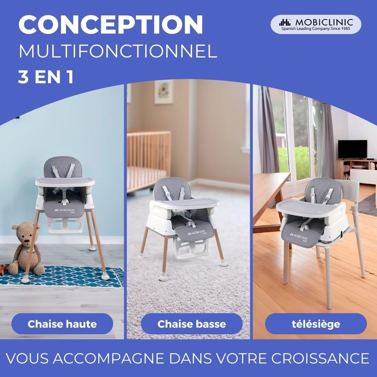 Mobiclinic® kids, Chaise haute bébé évolutive, 3 en 1, Kiara, Rehausseur + de jeux, Pliable, Harnais à 5 points, Plateau réglable, 6-36 mois, Jusqu'à 15 kg, Imperméable
