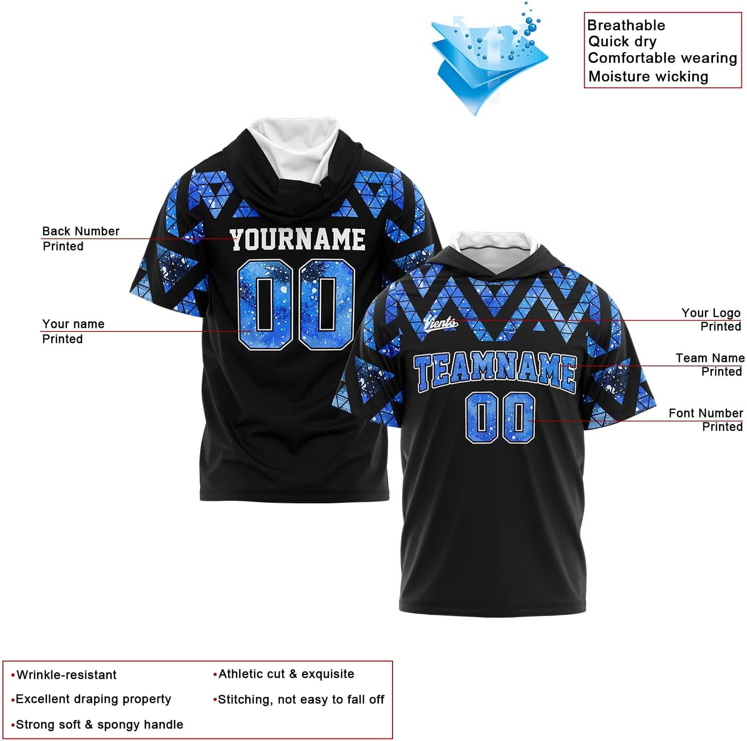 vients Custom Hooded T Shirt Short Sleeve Hoodies for Adult Kid Shirts with Hoods Printed Name Number Logo - Image 2