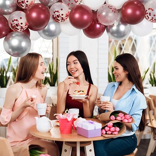 Miniatura 7 de Globos de color rojo burdeos y plateado, paquete de 60 globos de confeti metálico de 12 pulgadas de color rojo vino y blanco plateado con cintas