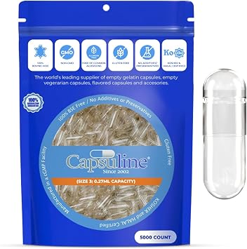 Clear Size 3 Empty Gelatin Capsules by Capsuline - 5000 Count |Manufactured in North & South America|Kosher & Halal Certified |Gluten Free