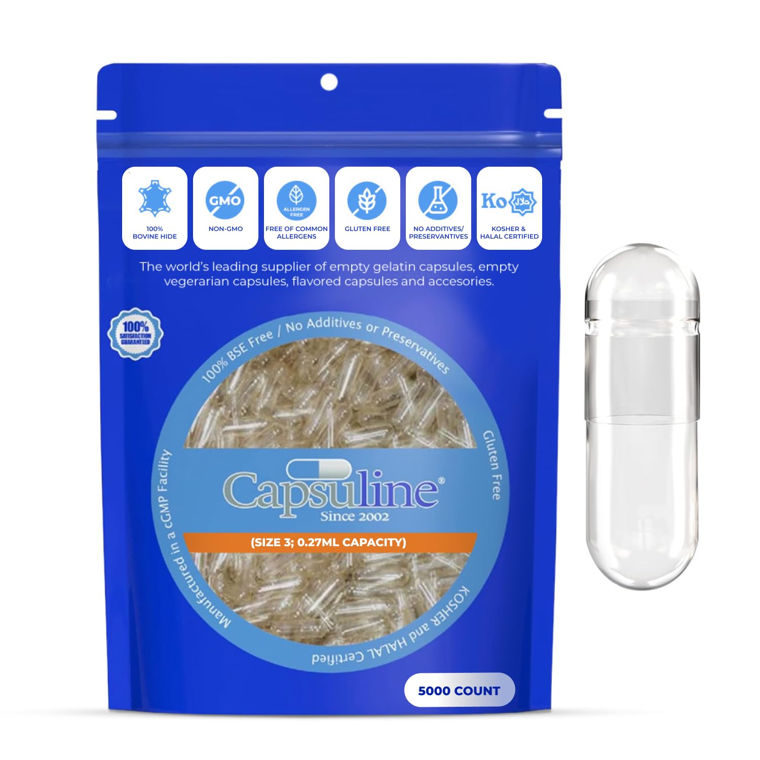 Clear Size 3 Empty Gelatin Capsules by Capsuline - 5000 Count |Manufactured in North & South America|Kosher & Halal Certified |Gluten Free