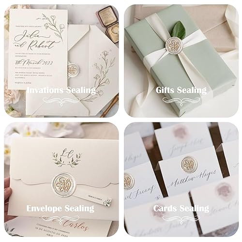 Miniatura 6 de Siyueyujie Kit de sellado de cera, 1 sello de cera con 240 cuentas de sello de cera en 3 colores, calentador de cera de sellado, cuchara de sellado