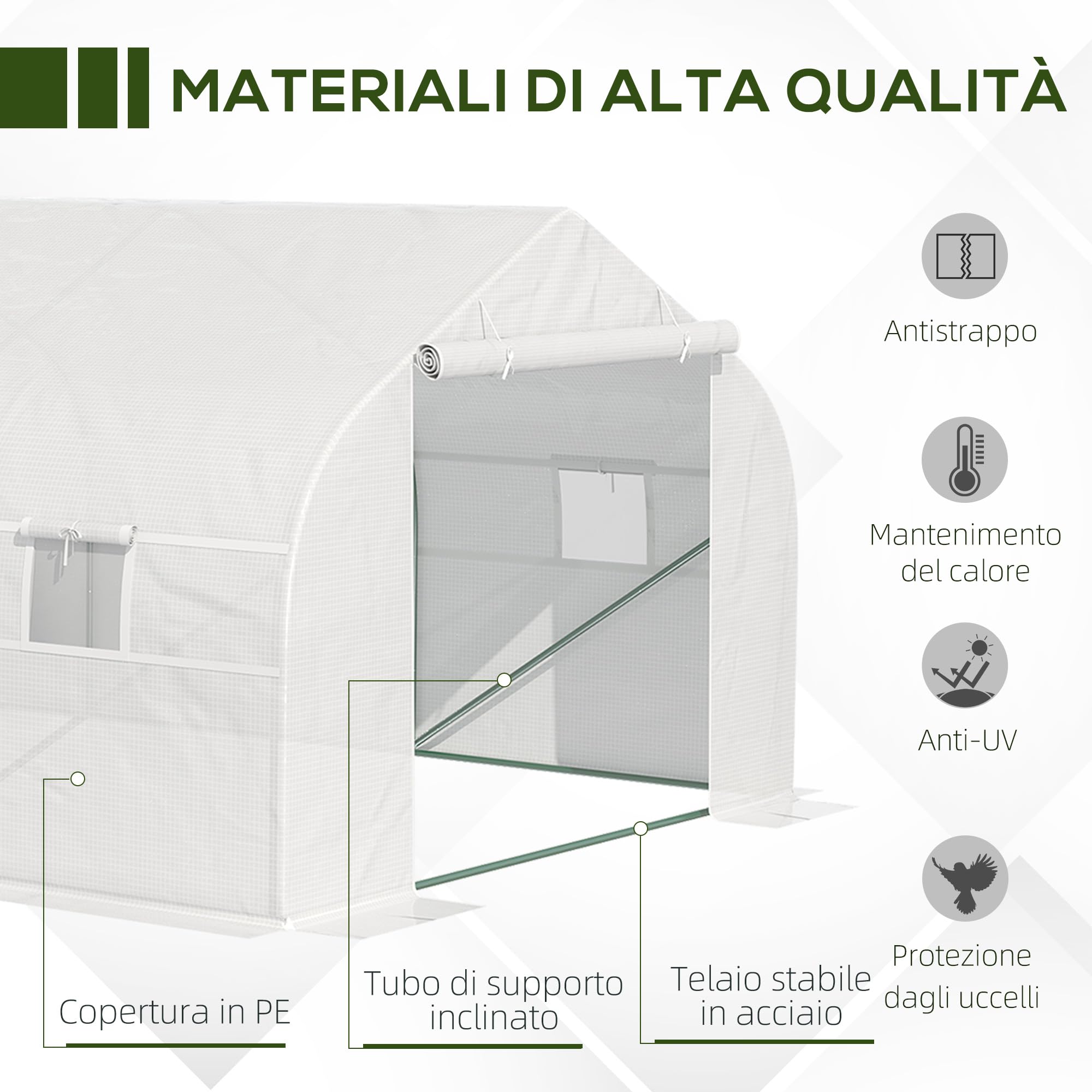 Outsunny Serra a Tunnel 6x3x2m con 8 Finestre e Porta Avvolgibile, Serra per Orto con 4 Picchetti e 4 Funi Incluse, in Acciaio e PP, Bianco