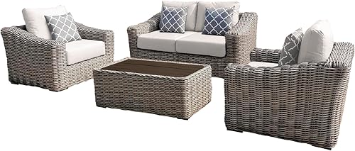 Miniatura 8 de Juego de muebles de mimbre para patio, 4 piezas, muebles de exterior con sofá de mimbre con mesa auxiliar, sofá biplaza acolchado, resistente a todo