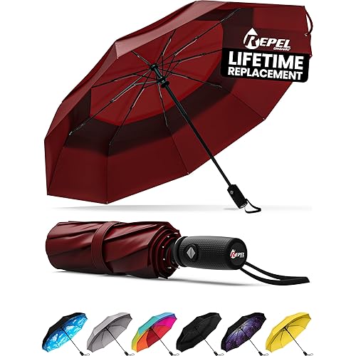 REPEL Windproof Travel Umbrella - Compact & Withstands Winds up to 85MPH , Strongest Premium Auto Folding Umbrella for Rain and Sun - Durable, Light & Portable for Women & Men , Fits Backpack & Cars