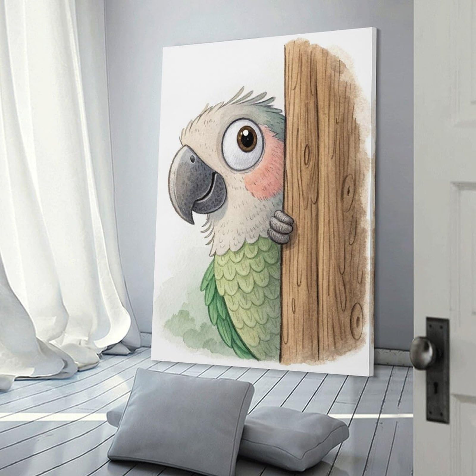 Junmoney Canvas Wall Decor Cute Parrot Peeking from Behind A Tree, 24x36inch(60x90cm), for Gallery Wall Decor And Room Displays, An Easy Match for Collected Prints
