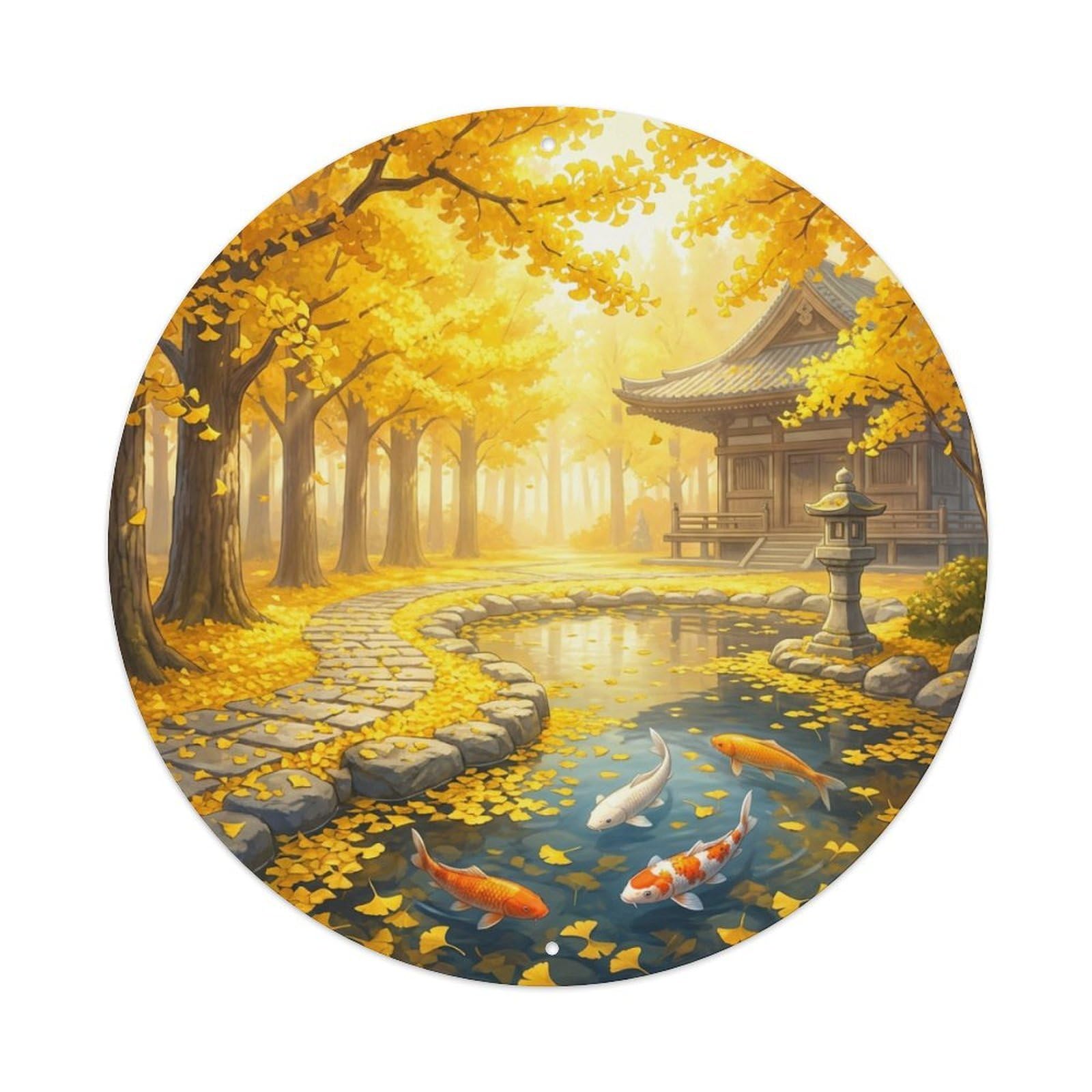 Metal Tin Sign Japanese Koi Fish Golden Ginkgo Autumn Radiant