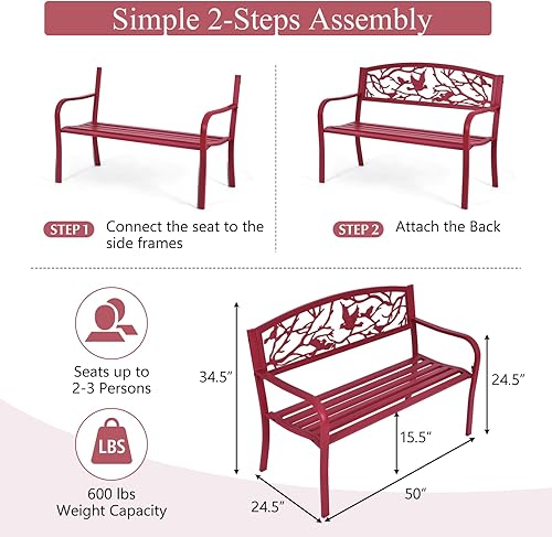 Miniatura 3 de Giantex 50" banco de dos plazas para jardín patio de 50", muebles para jardín, parque, marco de hierro fundido, negro, Rojo