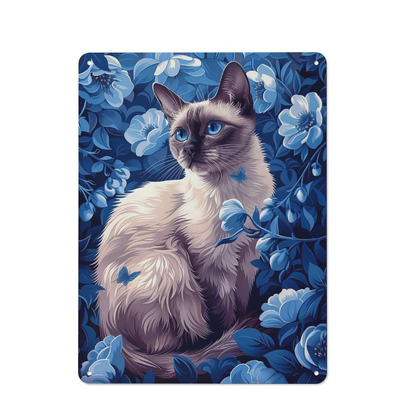 Junmoney Style-9 For Studio Or Craft Room, Siamese Cat In Blue Flowers Rustic Tin Wall Plaque 40X30cm, For Vintage Wall Decor Fans, For Metal Sign Collectors