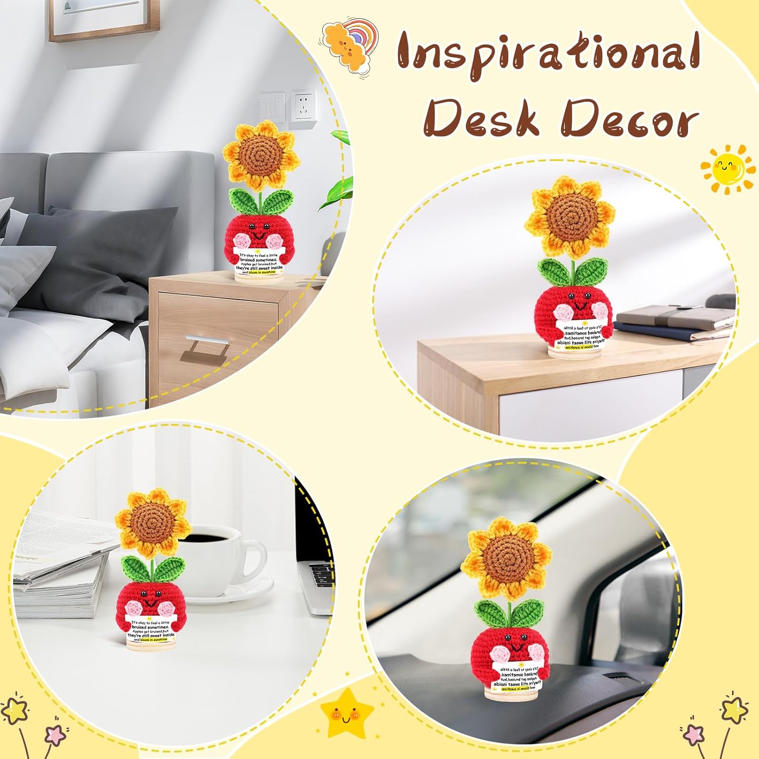 Apple with Sunflower Christmas Thanksgiving Gifts for Her Him Friend Husband Wife, Hand Knitted Emotional Crochet Plants Stocking Stuffers Present for Birthday Anniversary Anxiety Relief - Image 4