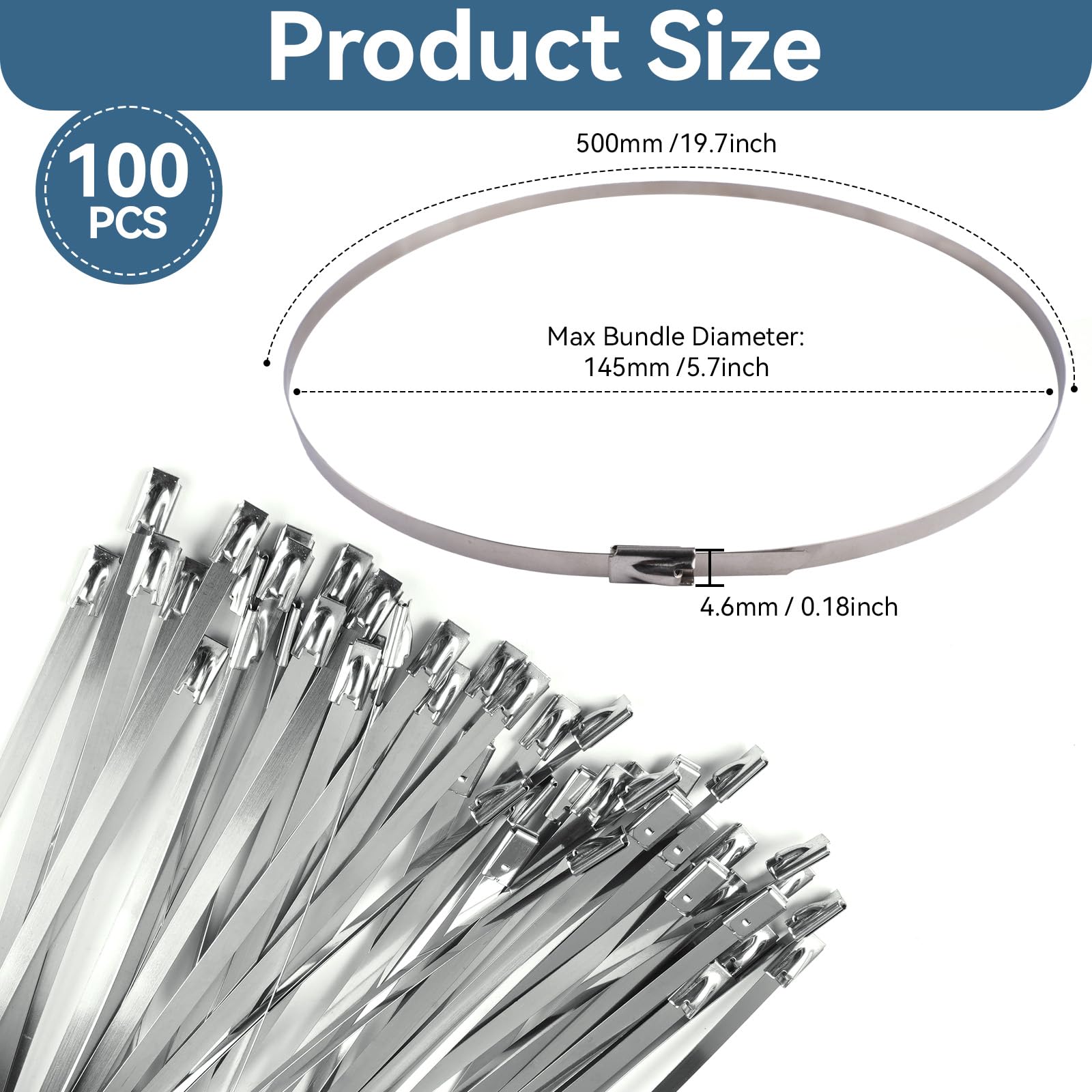 EXIN DECHEN - Juego De 50 Bridas Metálicas De Acero Inoxidable 304, 500x4.6 Mm Para Fijación De Cables Y Tuberías
