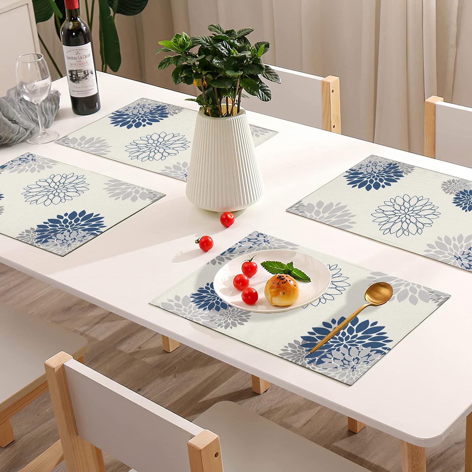 Blue Gray Placemat Dahlia Pinnata Flower Beige Burlap Waterproof Rectangular Place Mats Modern Washable Farmhouse Table Top Decor for Kitchen Dining Home Party Indoor Outdoor 12 x 18 Inch