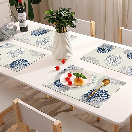 Miniatura 3 de WHOMEAF Dahlia Pinnata - Mantel individual de arpillera azul y gris, beige, moderno, elegante, con pompones, lavable, de temporada, cocina, comedor,