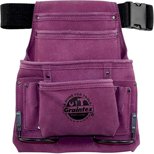 Graintex SS2123 10 Pocket Nail & Tool Pouch Purple Color Suede Leather with 2” Webbing Belt for Constructors, Electricians, Plumbers, Handymen