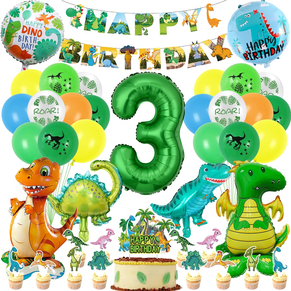 Dino Geburtstag Deko 3 Jahre Jungen, Dinosaurier Geburtstagsdeko, XXL Dino Folienballons mit Luftballon 3, Dino Kuchen Deko, Happy Birthday Girlande für Dino Party Dschungel Deko Kindergeburtstag