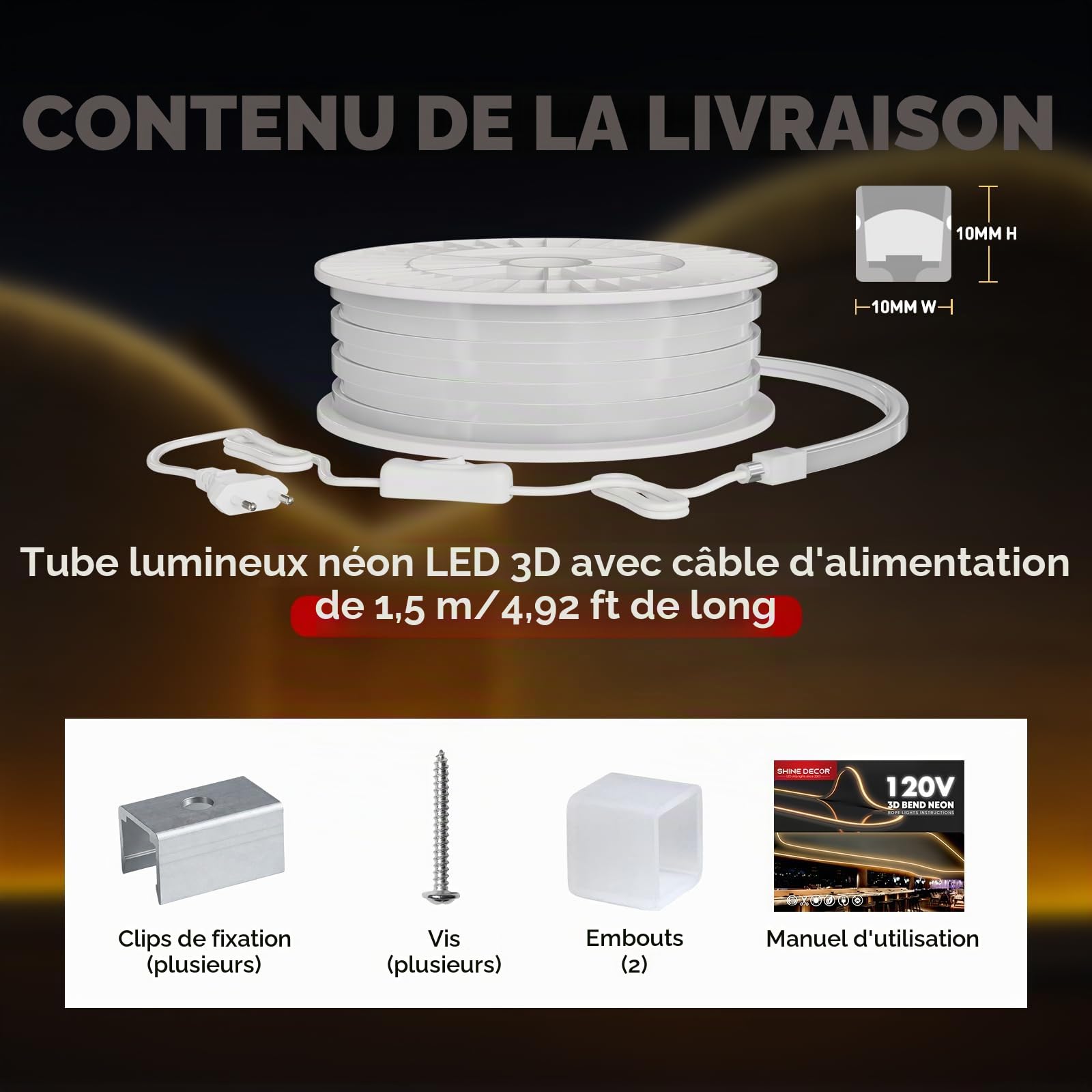 Shine Decor Bande LED Néon 3D Pliable, 220-240 V CA, 600 LM/M, IP65 étanche, Certifié CE, Neon Ruban LED Flexible, en Silicone, pour Décoration d'intérieur, éclairage extérieur (5M, Blanc Naturel)