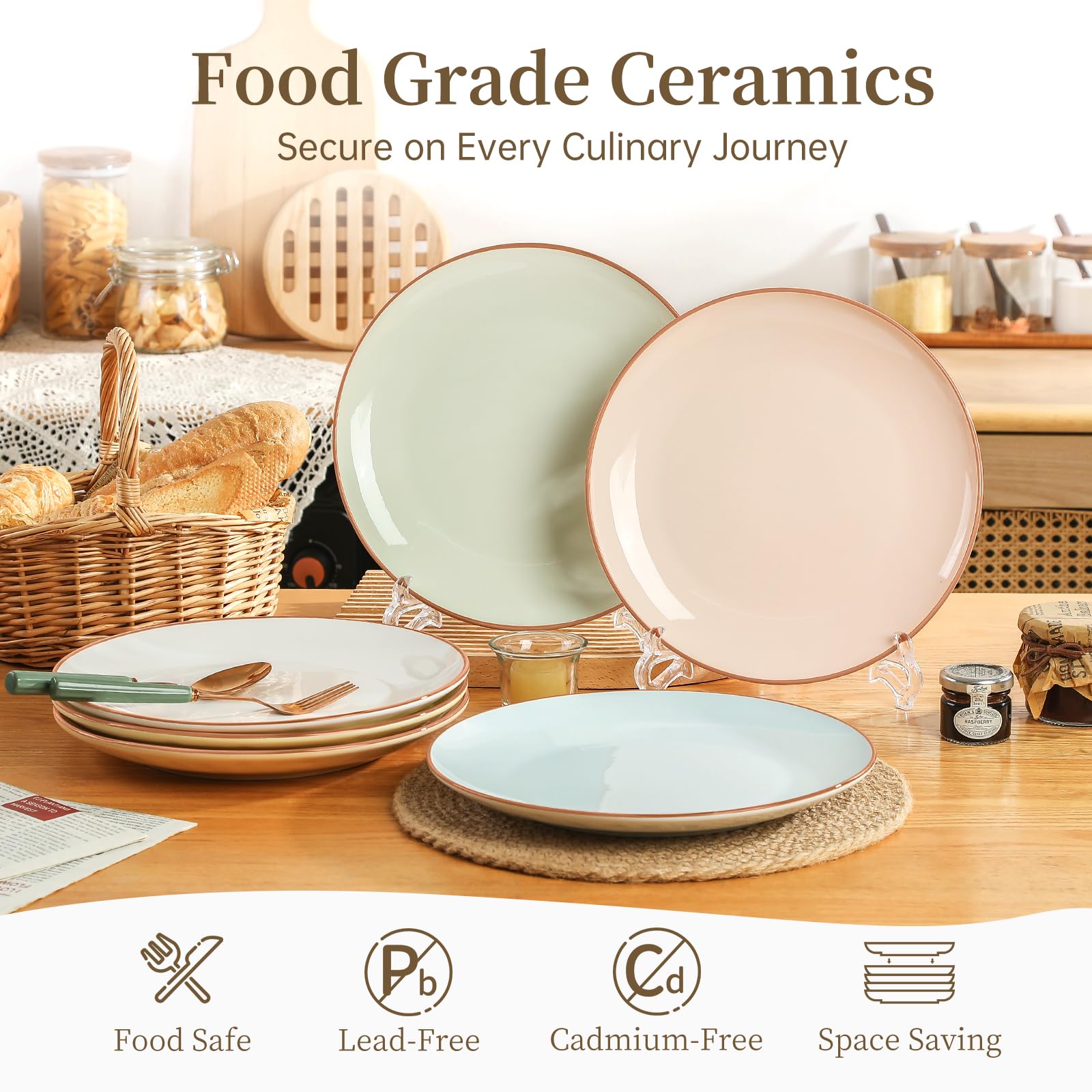 Kolorowy ceramiczny zestaw płaskich talerzy obiadowych - zestaw 6 dużych talerzy w cukierkowych kolorach - duży talerz obiadowy do głównego dania - nowoczesny serwis obiadowy | stek, sałatka, makaron