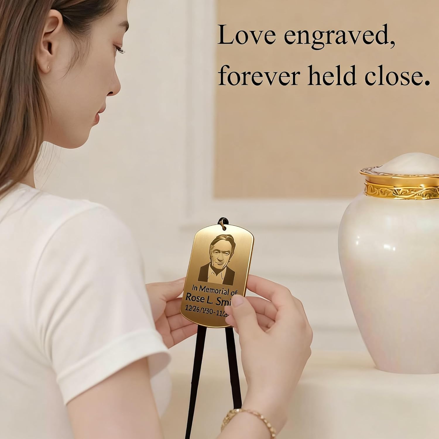 Engraved Hanging Urn Plaques with Ribbon - Name Plates for Urns - Engrave Brass with Photo - 2.8"x1.8"