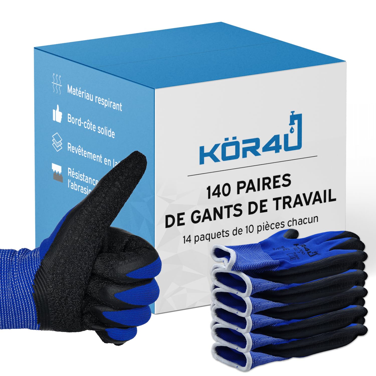 kör4u Lot de 140 paires de gants de travail respirants et enduits Gants de protection Bonne adhérence avec revêtement en latex de haute qualité Haute élasticité