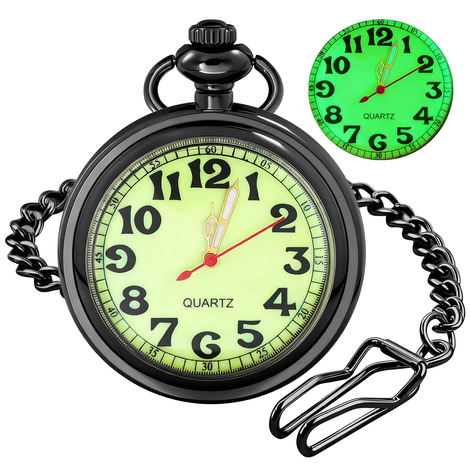 Black Yellow Classic Shiny Arabic Numeral Men's Quartz Pocket Watch, Quartz Movement with Chain-Black Yellow-image-27
