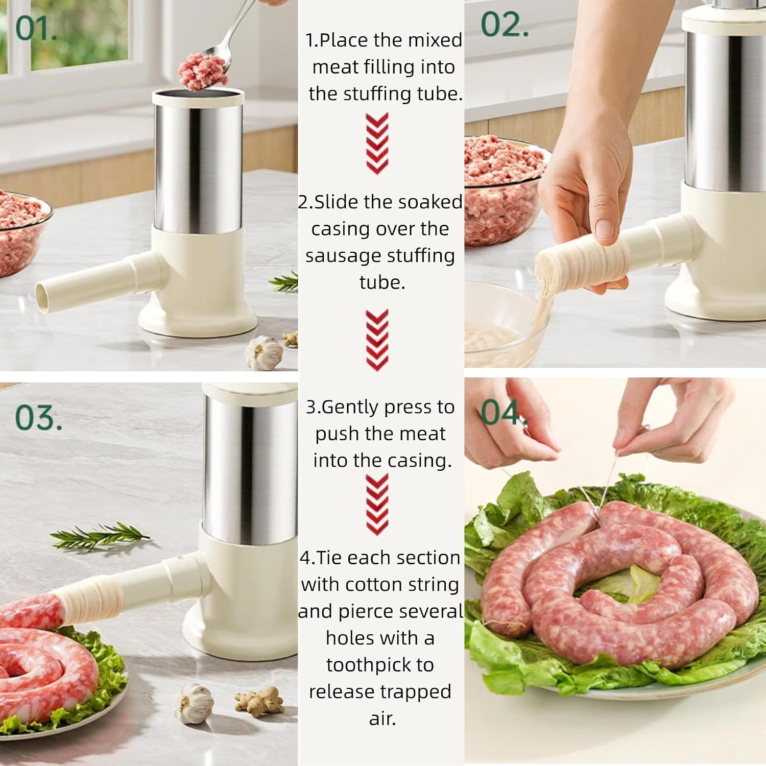 Sausage Stuffer with 4 Different Inches Stuffing Tubes Manual Sausage Maker Homemade Sausage Machine Making Kit for Home Camping Outdoor Grill BBQ Household Kitchen Use 2.2 LBS Large Capacity