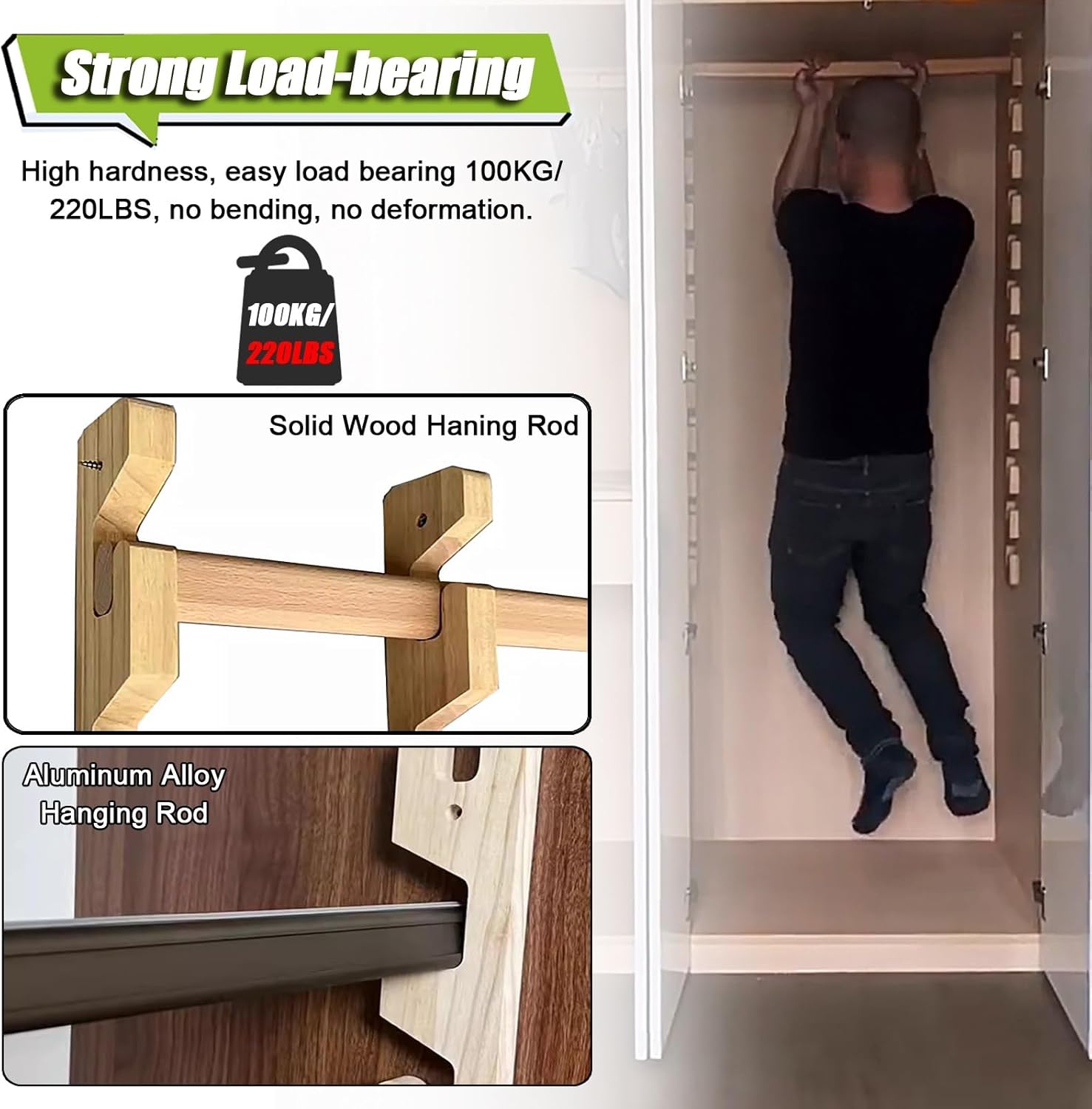 LZMZMQ Closet Rod and Support Bracket Adjustable, 16" 20" 23" 27" 31" 35" 39" 43" 47" Long Wooden Hanging Clothes Bar, for Balcony/Office/Nursery, Removeable (Size : Bracket Heigth-1.2m/47.2")