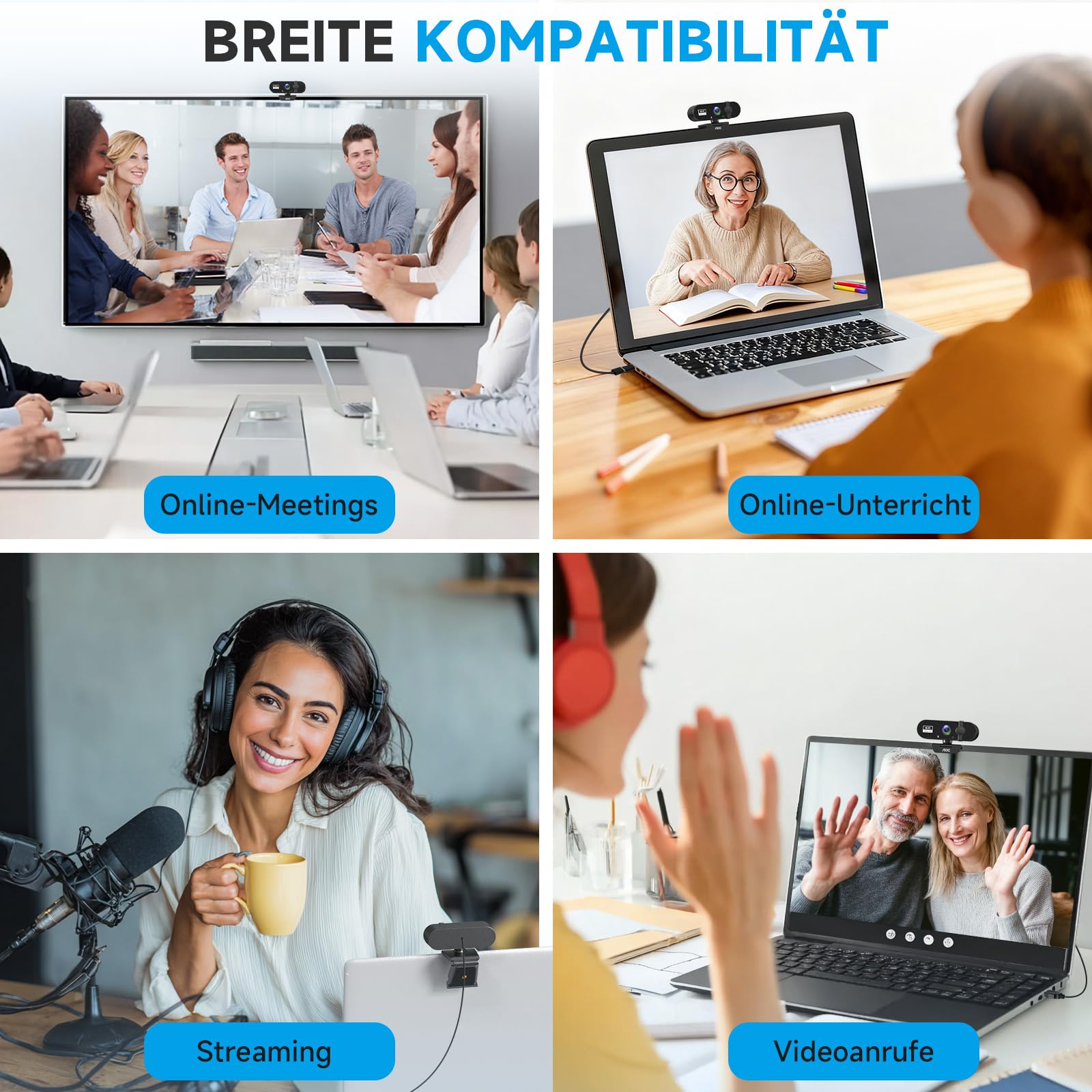 AOC Webcam 4K Ultra HD, Webcam mit Mikrofon & Objektivabdeckung, PC Kamera Plug & Play, 99° Ansicht, Autofokus, Web Cam kompatibel mit Zoom/Teams/Skype, für Home Office, Streaming, FaceTime, Schwarz - 5