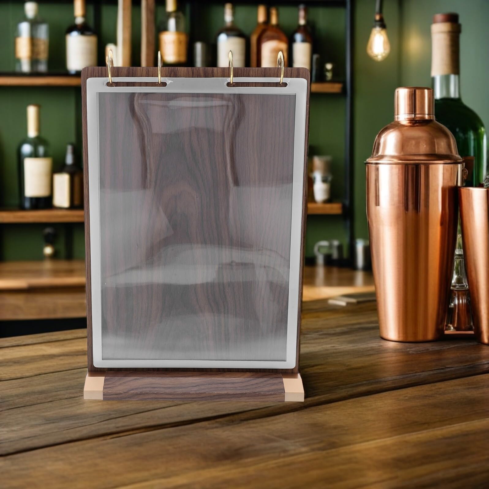 Soporte Abatible para Menús A4 de Madera de Nogal Expositor de Sobremesa con 6 Páginas y 12 Lados Base Resistente para Restaurantes y Bares Portamenús Práctico y Versátil