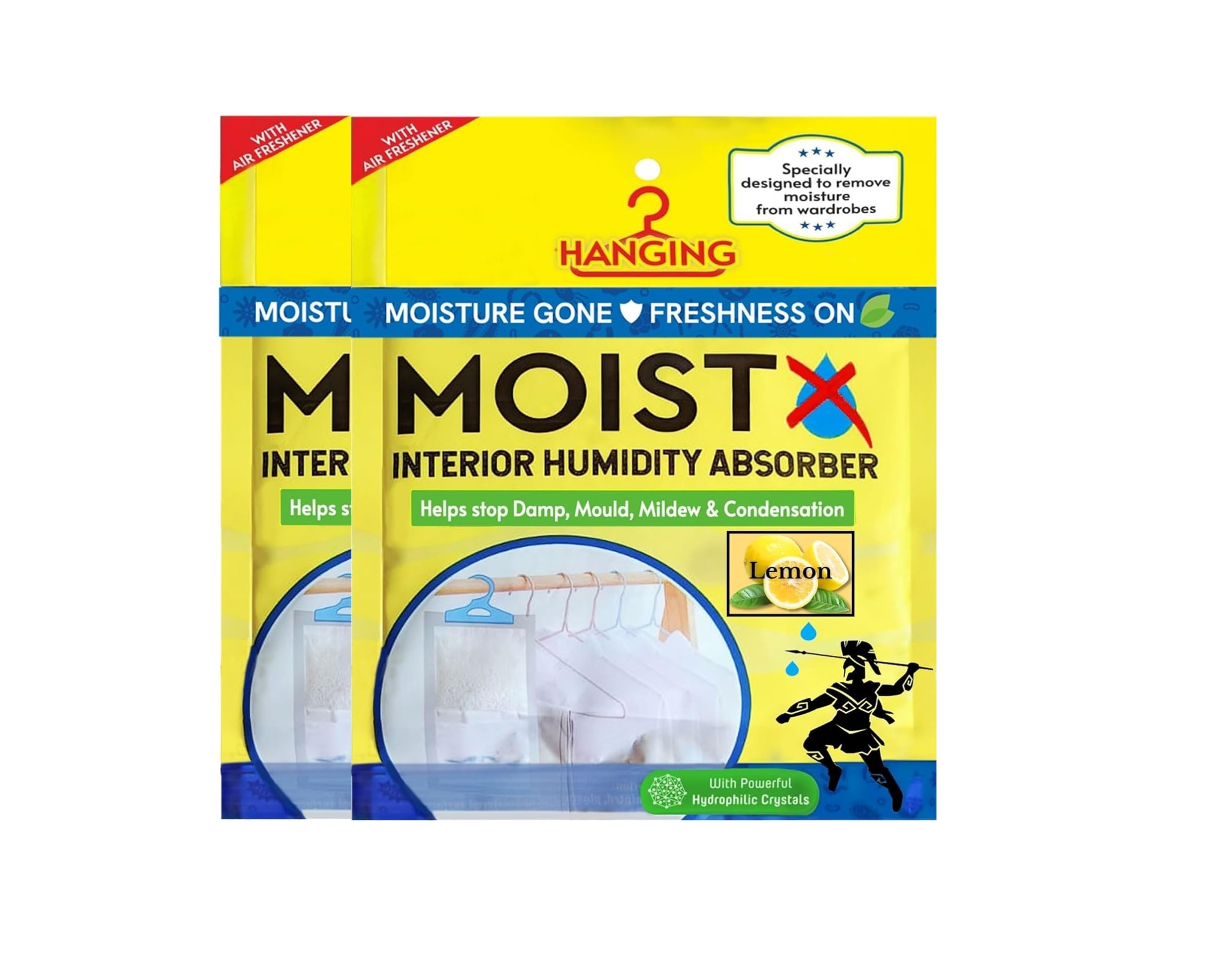 Hanging Interior Humidity Absorber 200g X 2 pouch with dual benefits | Lemon Fragrance | Capacity to trap 500ml of moisture from air | Pack of 2 | For Wardrobe, Kitchen Cabinet, Bathroom...-image-46