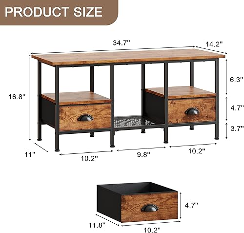 Miniatura 3 de Furologee Mesa auxiliar de 35 pulgadas con 2 cajones de almacenamiento, mesas de centro pequeñas para sala de estar, mesa central industrial con