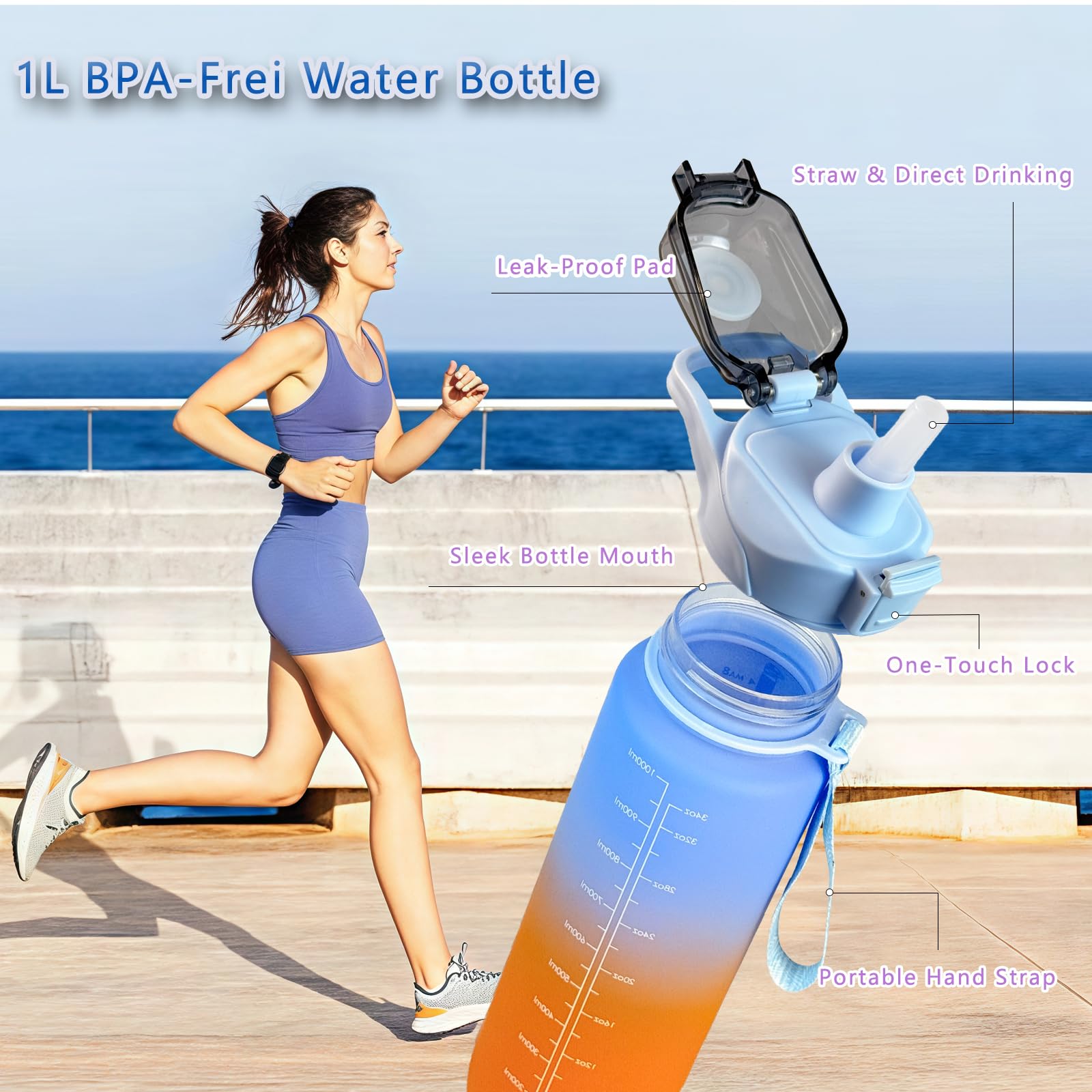 Velesas® Bouteille D'eau De 1 L Avec Marqueur De Temps Motivant, En Tritan, Avec Paille, Bouteille De Sport, Pour L'école, Le Travail, La Salle De