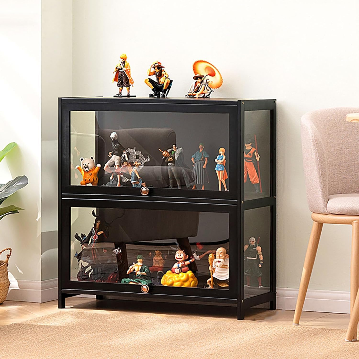 uofgcru Display Cabinet Curio Cabinet with Acrylic Doors,Bambou Bookcase Display Cabinet,Brown Curio Cabinets,Glass Display Cabinet for Books, Office, Living Room-Black(70×33×73cm)