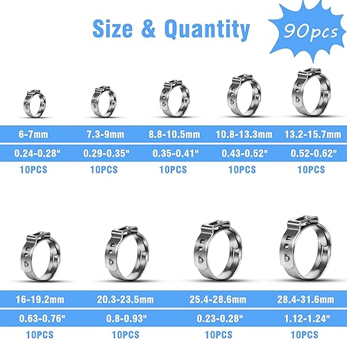 Miniatura 2 de 90 abrazaderas de manguera de oreja única, 9 tamaños 0.236-1.126 in 304 Stianless acero Cinch Clamp Rings Surtido Kit para conexiones de montaje de