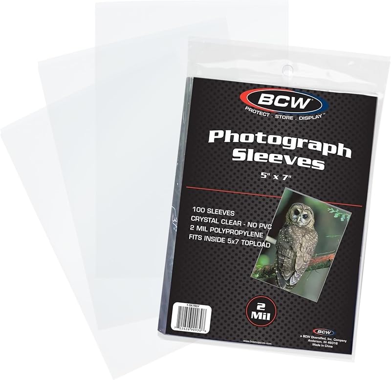 BCW 5x7 Photo Sleeves, Acid-Free Polypropylene, 100 Count | Clear, PAT-tested, PVC-free sleeves fit 5x7 photos and BCW 5x7 toploaders for archival storage and display.