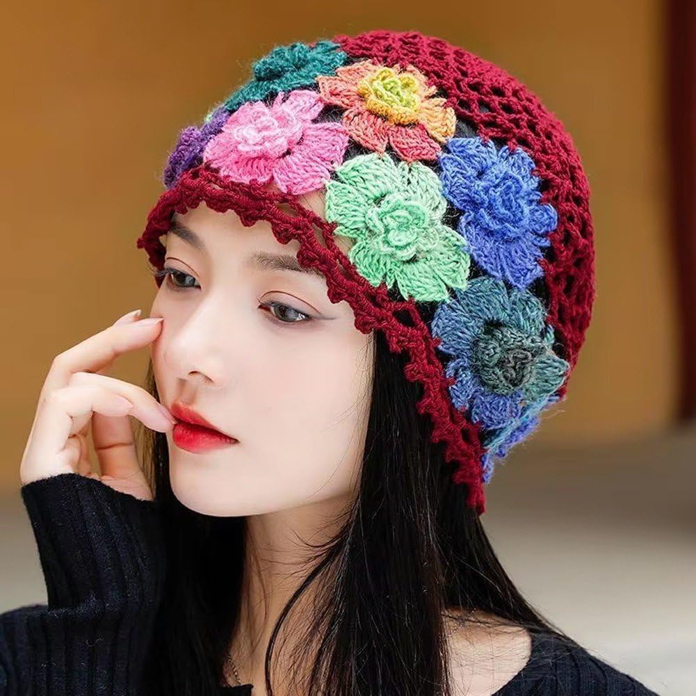 1 szt. kwiat szydełkowany vintage czapka typu beanie pusta czapka oddychająca dzianinowa czapka z czaszką lekkie elastyczne dzianinowe czapki dla kobiet