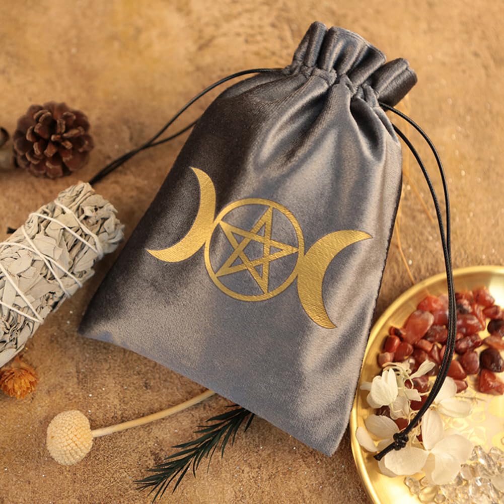 CREATCABIN 2Pcs Velvet Storage Bag Tarot Cards Bags Pouches Drawstrings Bags Tarot Cards Dice Deck Holder Pouches Gray Moon Jewelry Wrap Bags for Crystals Witchcraft Divination Supplies 5x6Inch - Image 4