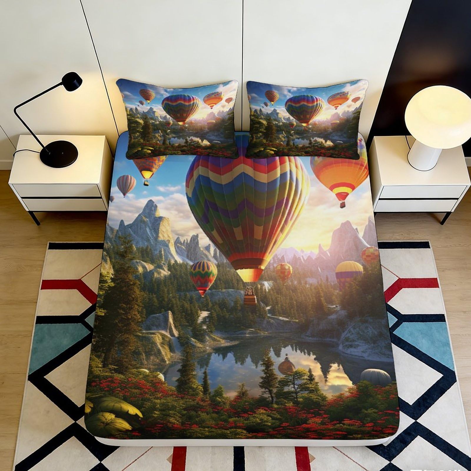 Pnayamiorkfel Style-5 3D Printed Hot Air Balloon Landscape Fitted Sheet Microfiber Scenic Bed Cover For Bedroom Guest Room Decor 90X200x25cm