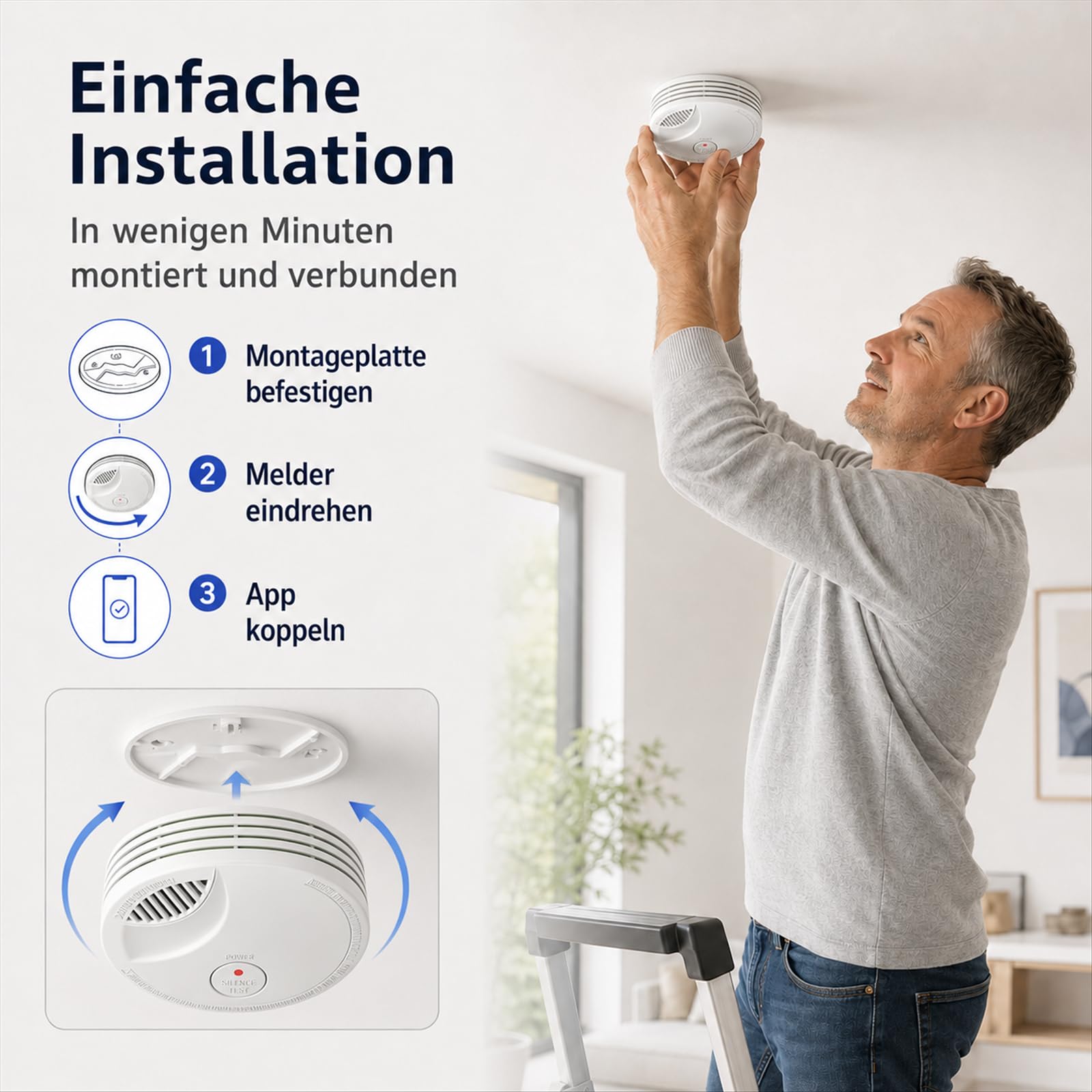 WiFi Rauchmelder mit App-Benachrichtigung, 10-Jahre Batterie, Vernetzbar, Geprüft nach DIN EN 14604, Optischer Rauchwarnmelder für Smart Home, Einfache Installation,3 PCS