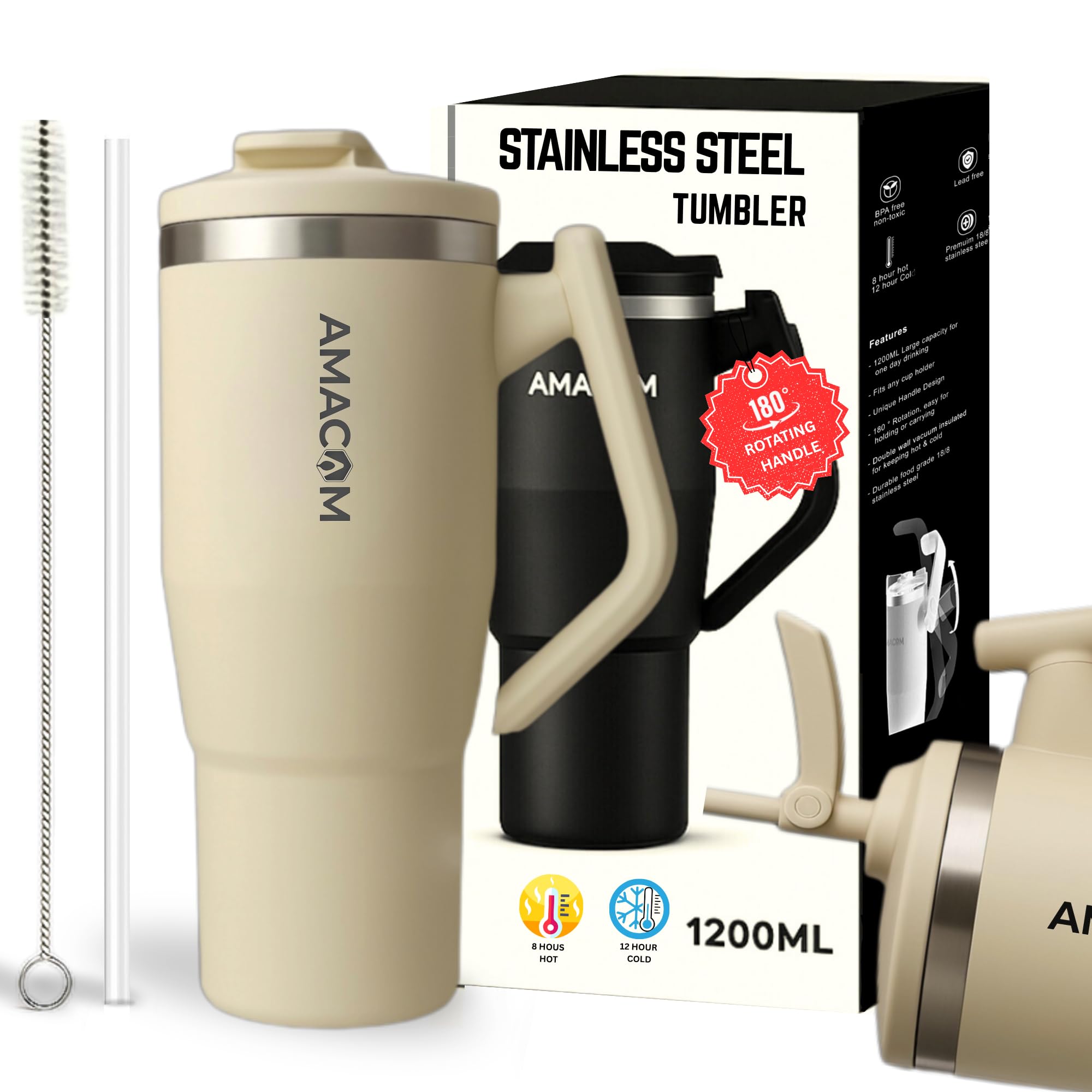Amacom Insulated Stainless Steel 1.2 Litre Tumbler with Lid and Straw | 100% Leak Proof Water, Juice, Coffee Mug for Office, Gym, Travel | Stylish Sipper with Rotating Handle (Beige)