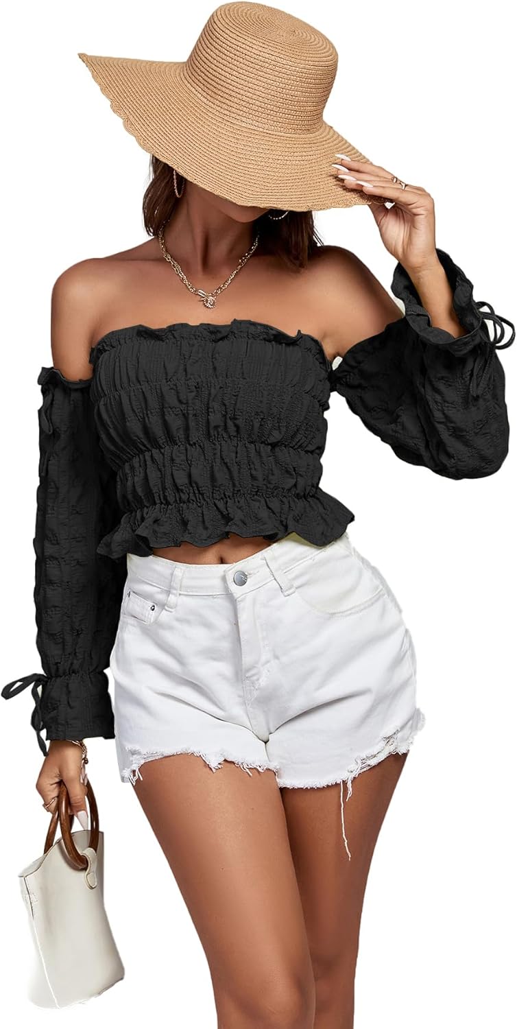 LYANER Women's Off The Shoulder Ruffle Trim Drawsting Puff Long Sleeve Tube Crop Blouse Shirt Top - Image 6
