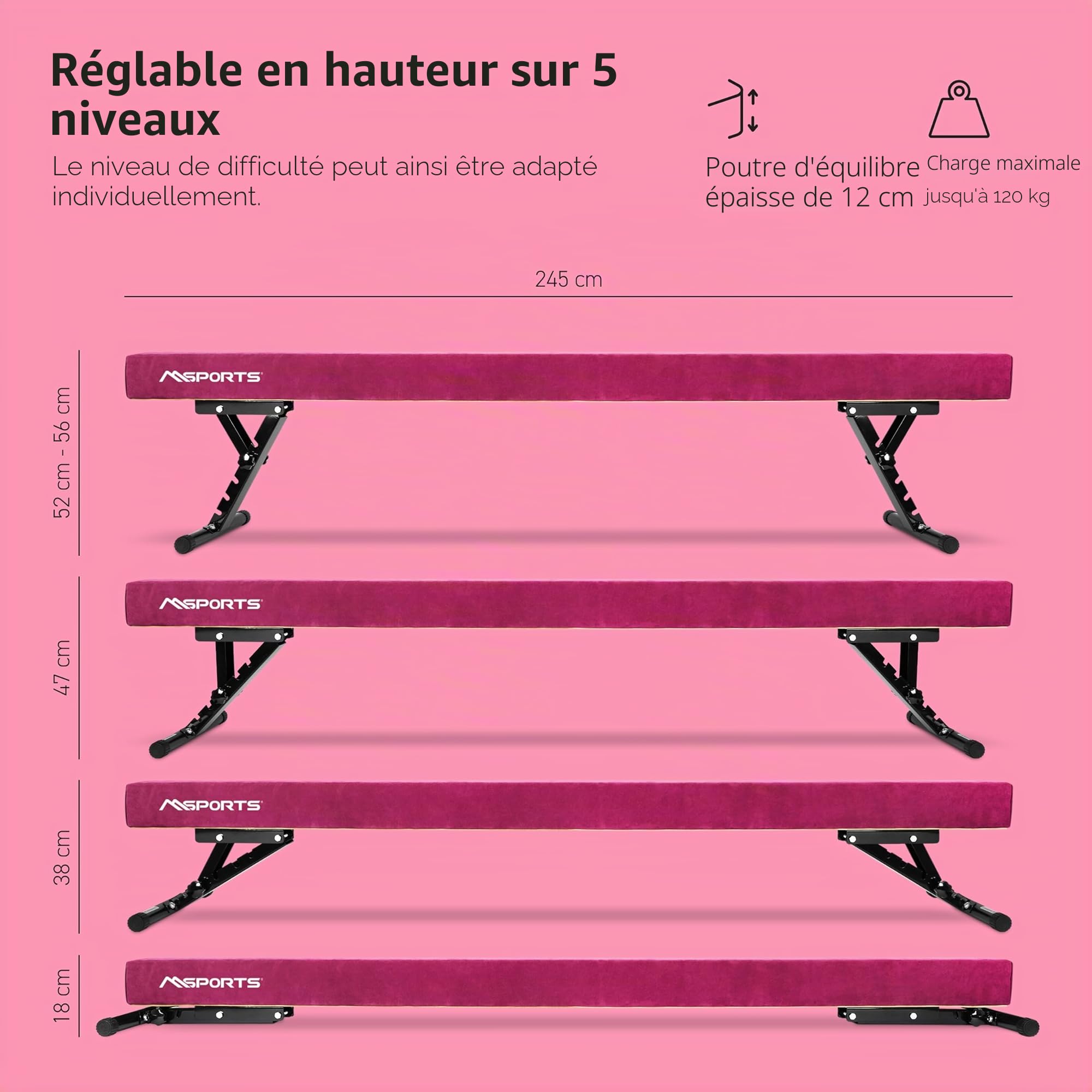 MSPORTS Poutre d'équilibre de qualité supérieure réglable en hauteur - 245 cm - Pour enfants et adultes - 5 niveaux de hauteur (18 à 56 cm) - Pour la maison ou le club - 5 couleurs