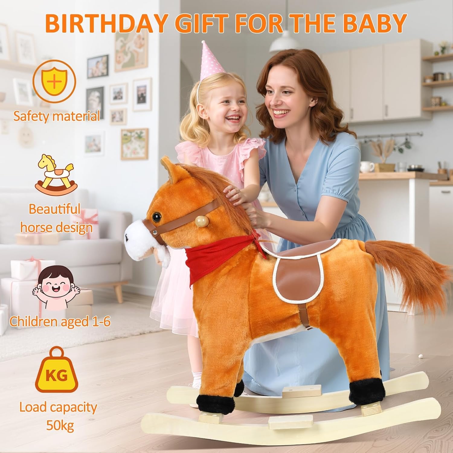 Plush Rocking Horse for Toddlers Age 1-6, Wooden Rocker with Moving Mouth & Wagging Tail, Musical with Sounds, 50kg Capacity Light Brown Middle