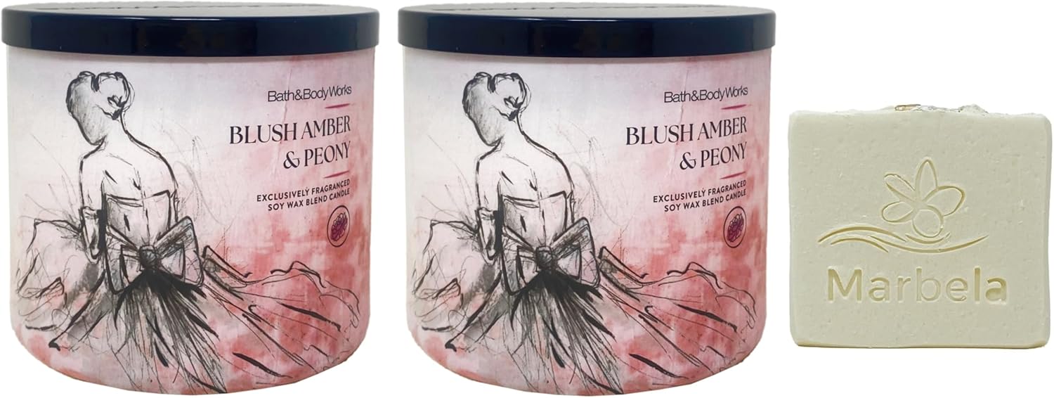 Bath & Body Works Blush Amber & Peony 2 Piece 3-Wick Scented Candle Set with a Natural Oats Bar Soap