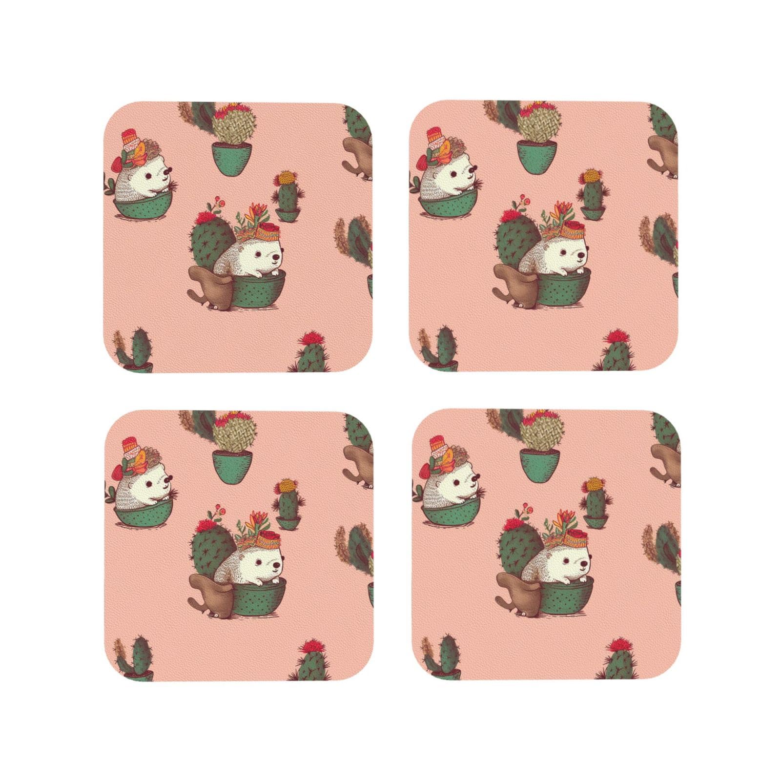 4pcs Drink Coasters for Tabletop Protection, 4" Leather Coasters for Drinks, Hedgehog and Cactus Cup Coasters for Coffee Table Decor, Non-Slip Drinking Cup Mat for Hot Or Cold Drink