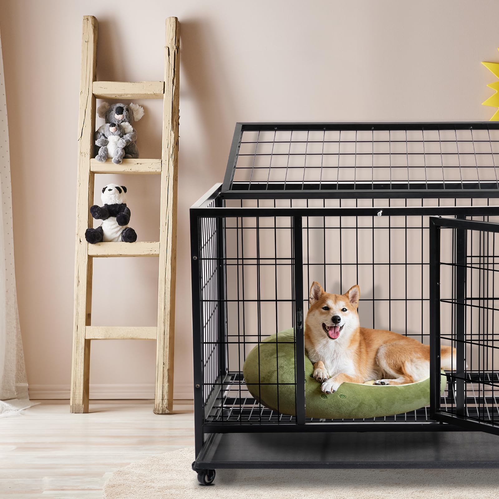 LEADZM Cage pour Chien XL 91x62x70cm – Chenil avec 2 Portes & Roues Verrouillables 360° – Bac en Plastique Amovible et Structure Métal Renforcé Noir